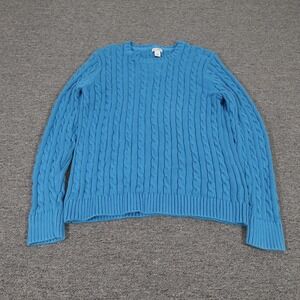 LL Bean Sweater Womens Large Petite Blue Cable Knit Crewneck Cotton Pullover